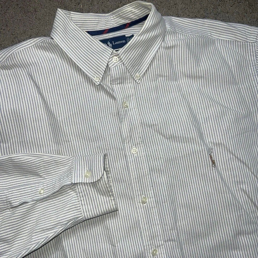 Ralph Lauren Shirt Mens 2XLT White Striped Classic Polo Long Sleeve Flesh Pony‎